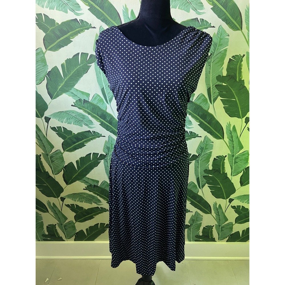 Enfocus Studio Polka Dot Sheath Dress Womens Size 12 Navy Blue White